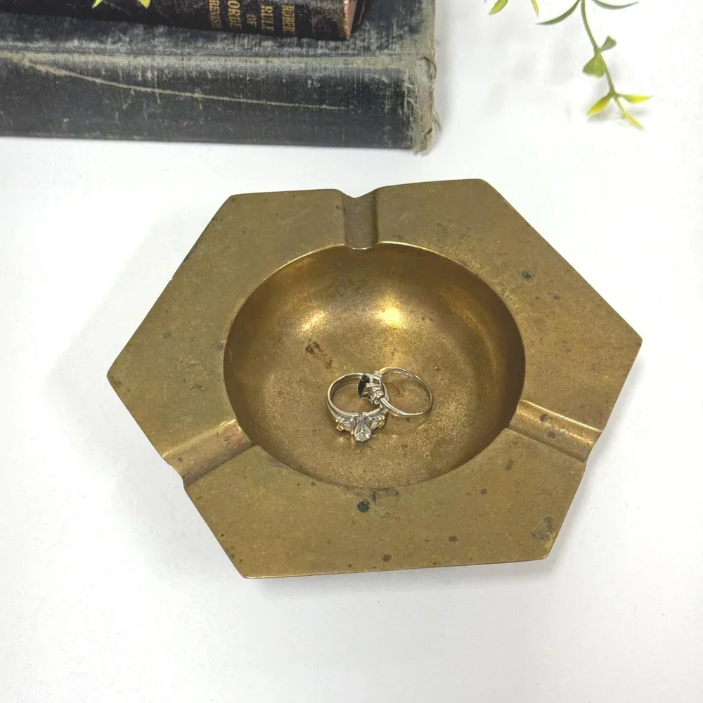 Vintage brass catch all trinket dish ring dish- Geometric hexagonal ashtray
